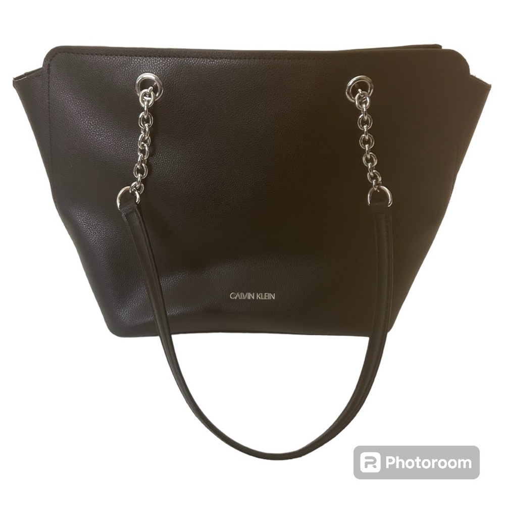 Calvin Klein black faux leather tote bag with silver chain strap detail EUC